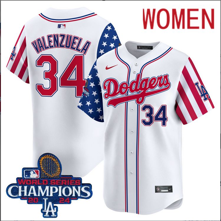 Women MLB Los Angeles Dodgers #34 Valenzuela American Style white 2024 World Series Champions  Limited Jersey->women mlb jersey->Women Jersey